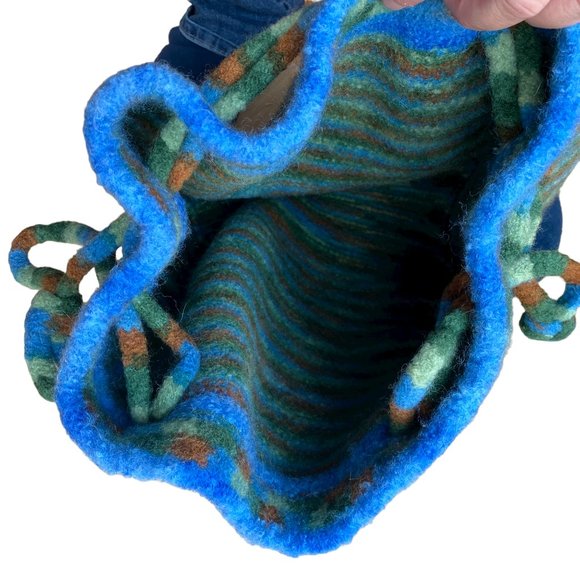 Felted Boiled Wool Multicolored Fall Aesthetic Striped Drawstring Bag Tote - Picture 8 of 9